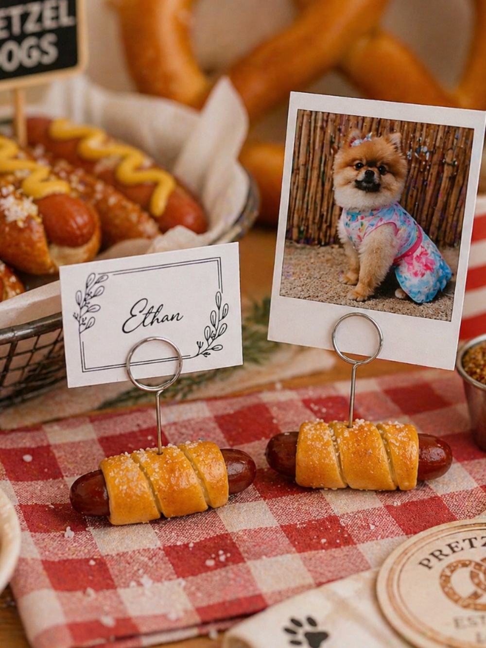 Pretzel Dog Place Card Holder, Food Label, Photo Holder | Pretzel Hot Dog